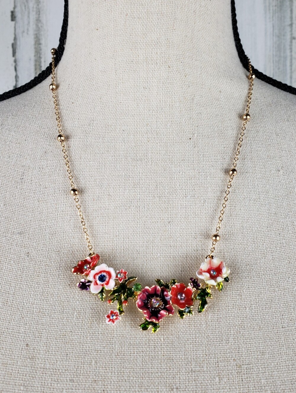 Floral Enamel Statement Necklace - Gold Chain with Red & Pink Flowers